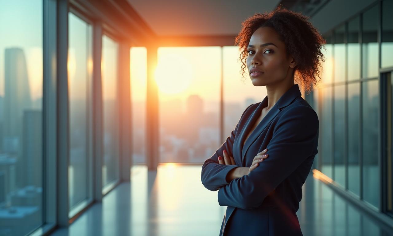 Powerful image of a confident professional looking towards the future in a sleek, modern office.