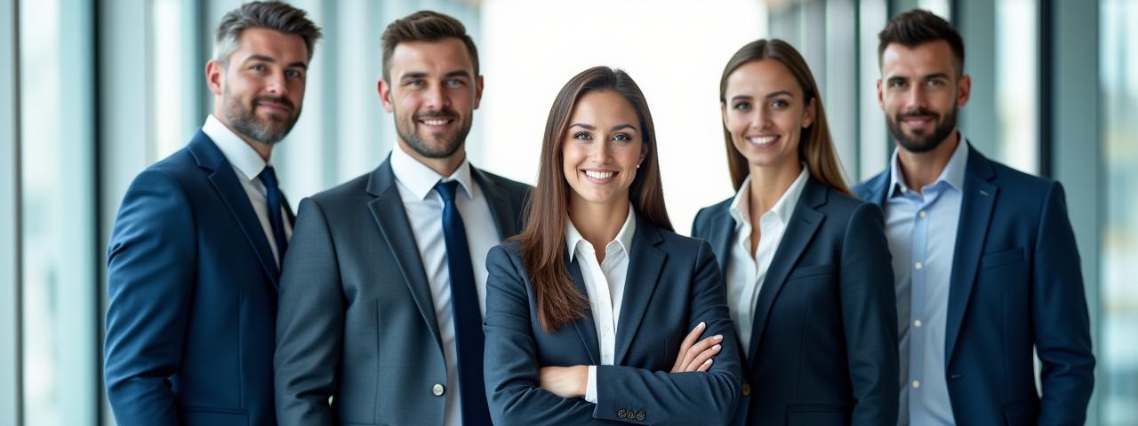 A diverse group of professionals looking confidently towards a bright future