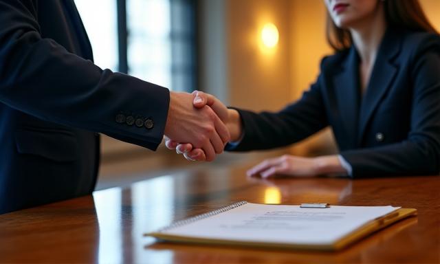Professional shaking hands over a successful deal, symbolizing salary negotiation success.
